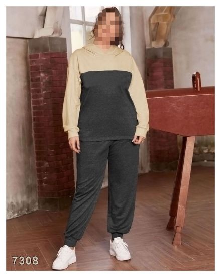 تصویر ست هودی و شلوار پاییزی زغالی-کرمی 7308