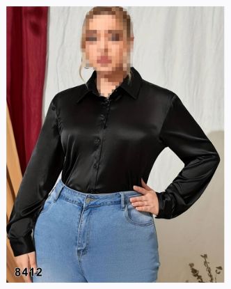 تصویر شومیز ساتن یقه کلاسیک سرآستین دکمه مشکی 8412