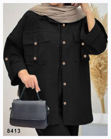 تصویر شومیز مانتویی دوجیب اسپرت مشکی 8413