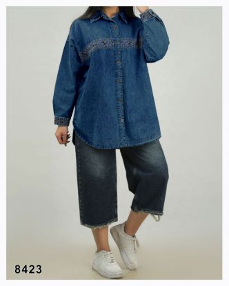 تصویر شومیز مانتویی جین گلدوزی آبی تیره 8423