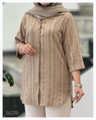 تصویر مانتو شومیز دکمه مخفی آستین سه ربع نسکافه ای 8478