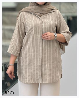 تصویر مانتو شومیز دکمه مخفی آستین سه ربع کرمی 8479