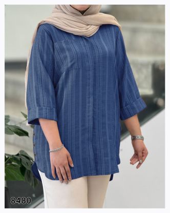 تصویر مانتو شومیز دکمه مخفی آستین سه ربع سرمه ای 8480