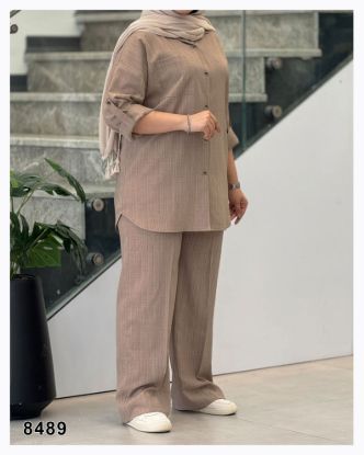 تصویر ست شومیز و شلوار شانتون نسکافه ای 8489