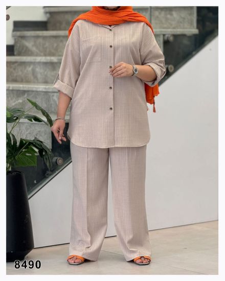 تصویر ست شومیز و شلوار شانتون کرمی 8490