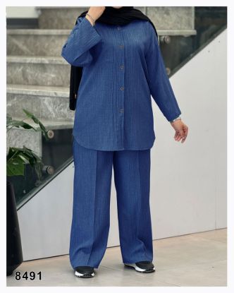 تصویر ست شومیز و شلوار شانتون آبی نفتی 8491