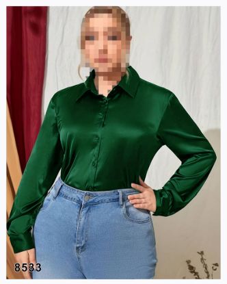 تصویر شومیز ساتن یقه کلاسیک سرآستین دکمه سبز 8533